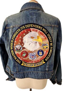 Denim Jacket Graphic Back Patch Eagle Military Style Womens M/L Med Wash NEW